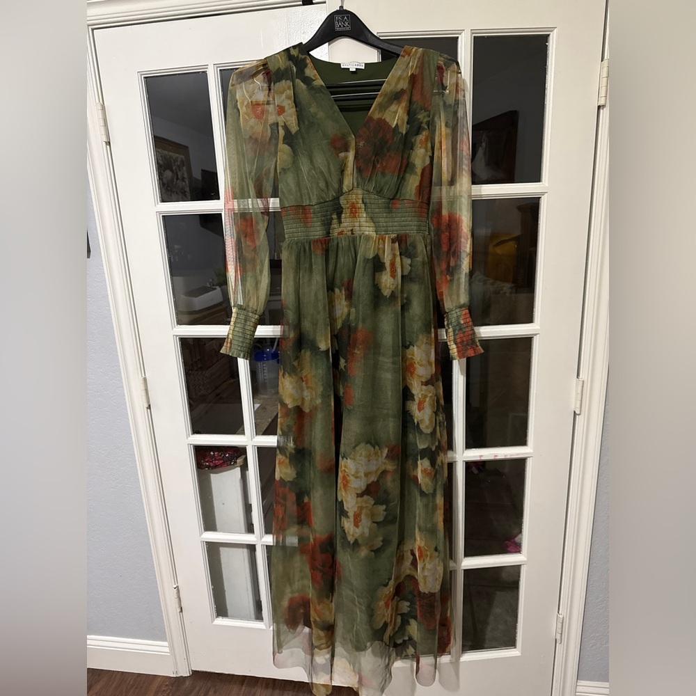 Baltic Born Green floral tulle maxi dress